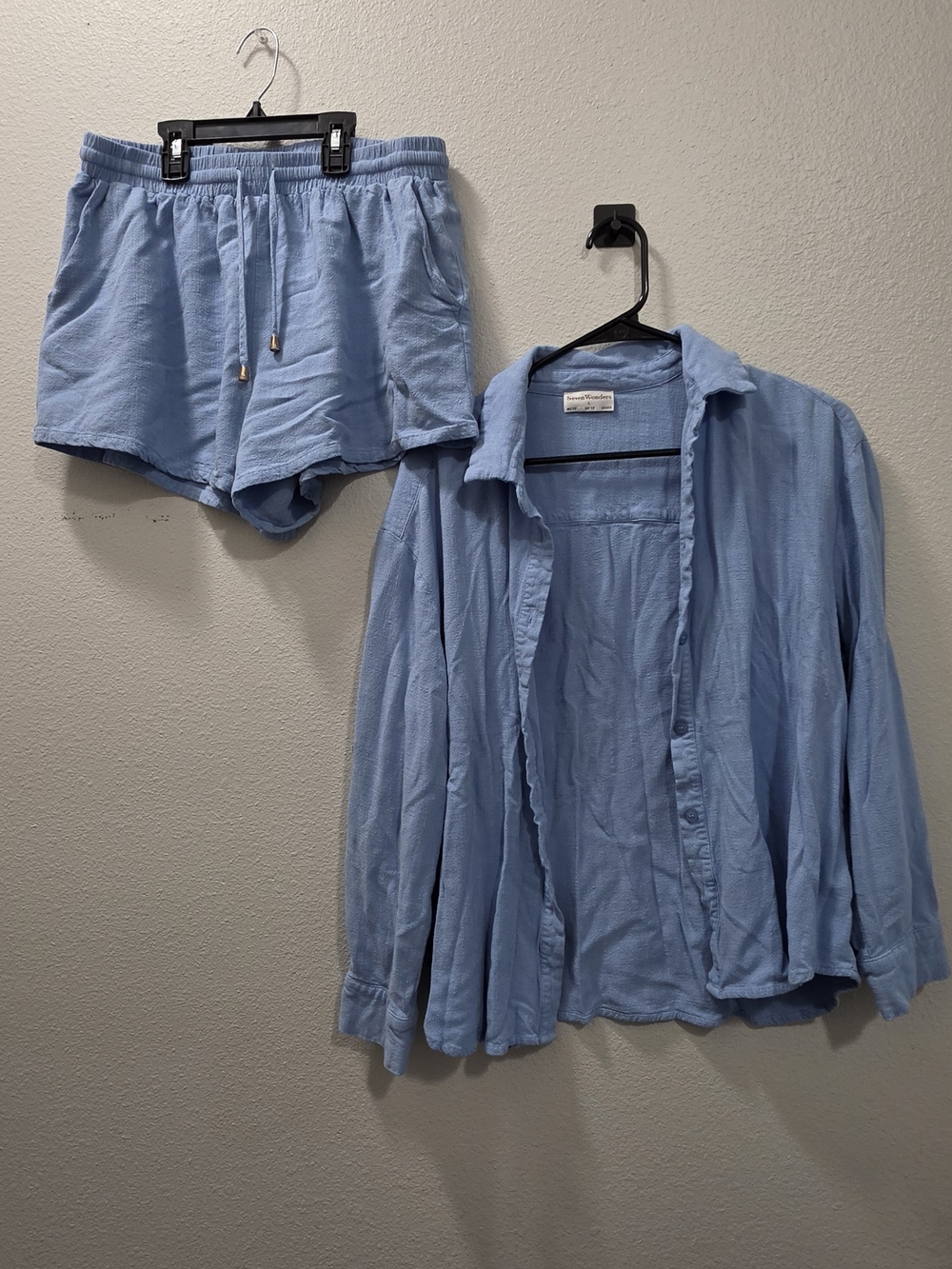 Seven Wonders Blue Linen Blend Lounge Set - Button Up & Shorts - Large / US 8
